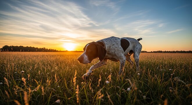 Hunting dog searching through a grassy field at sunset