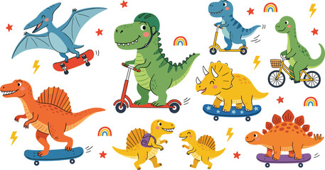 Cute cartoon dinosaurs riding skateboards, scooters, and bicycles vector element set featuring tyrannosaurus rex, triceratops, stegosaurus, pterodactyl, and spinosaurus characters for kids. © MdRobiul