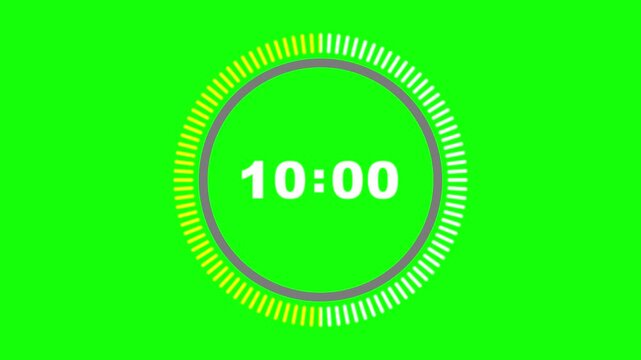 Circular timer displays ten minutes with a surrounding progress ring on a bright green background.