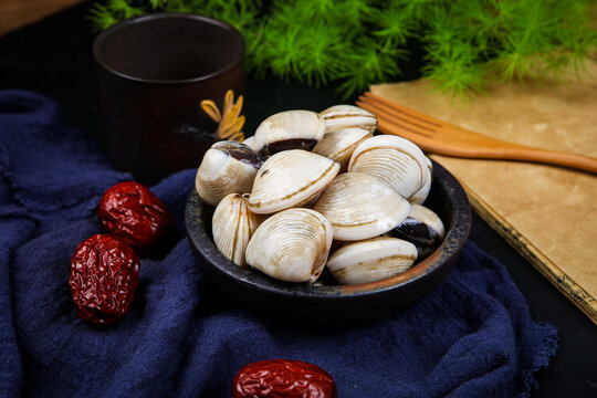 Fresh white clams on irregular ceramic plate light blue gauze fabric