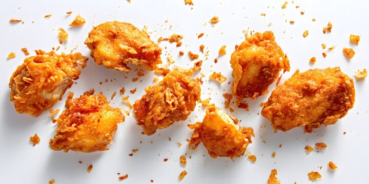 Golden crispy fried chicken pieces scattered on a white surface
