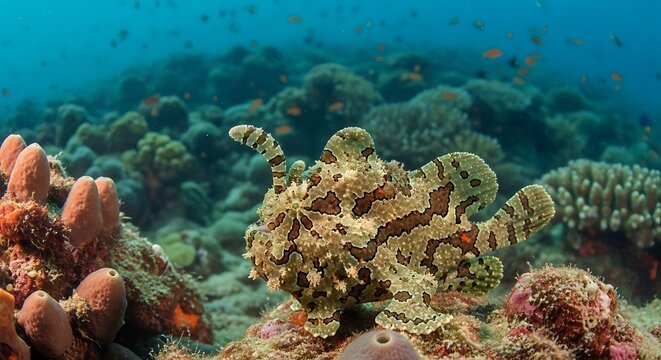 Camouflaged Frogfish Resting on Colorful Coral Reef in Tropical Underwater Seascape