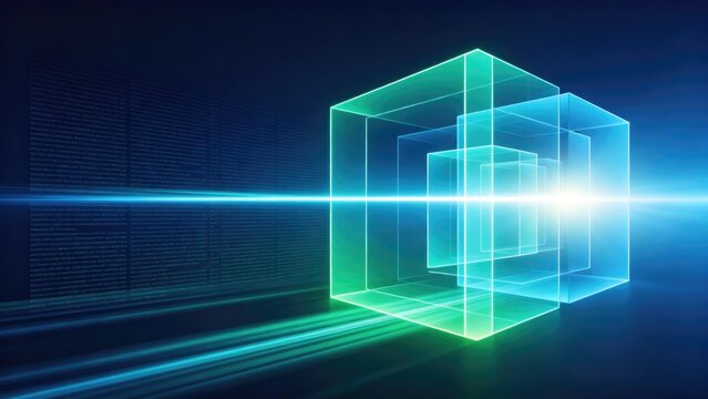 Abstract transparent geometric cubes with glowing digital light, idea for AI, cloud computing, quantum technology, data architecture, cybersecurity, and futuristic innovation background