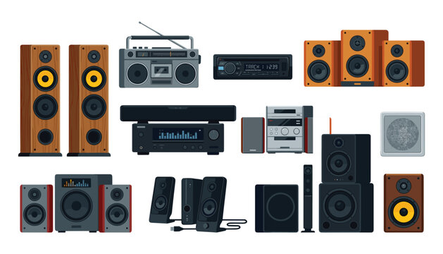 Audio sound system and speakers collection set with boombox amplifier subwoofers car radio receivers and acoustic loudspeaker vectors