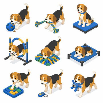 Isometric Beagle puppy vector illustration set featuring nine dog training and play activities including agility hoop jumping, snuffle mat sniffing, puzzle feeders, rope toy, and resting on a bed.
