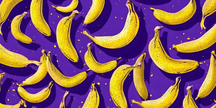 Vibrant yellow bananas scattered across a rich purple background
