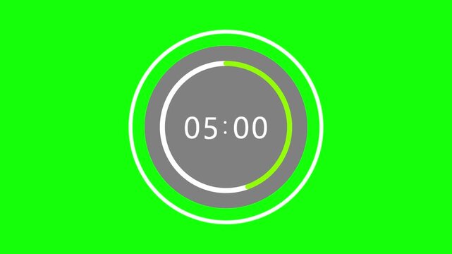 Radial progress timer shows a five minute duration inside a modern circular interface on a solid green background.