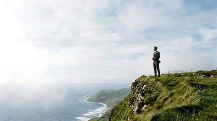Obraz premium Businessman stands on the edge of a cliff overlooking the ocean.