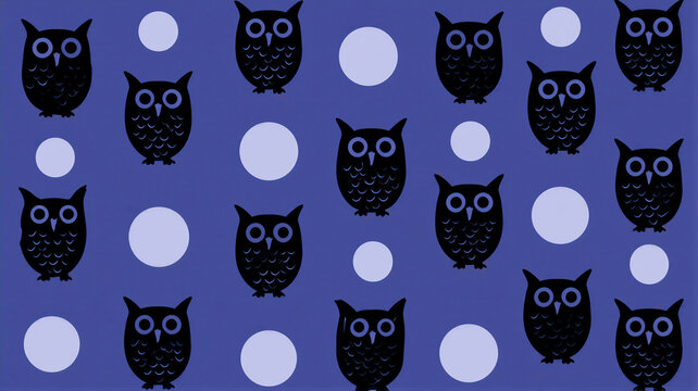 Black owl silhouette and white circle pattern on blue background. Seamless texture for Halloween celebration. Decorative repeating element for festive holiday wrapping paper and textile design.