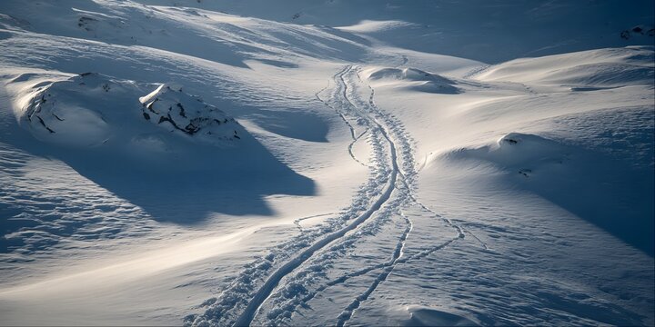 A narrow winding path cuts through pristine white snow in a serene winter mountain landscape.