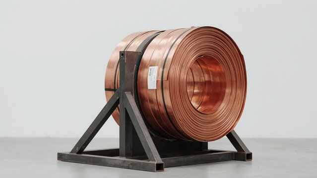 Large copper coil roll on a metal stand for industrial manufacturing