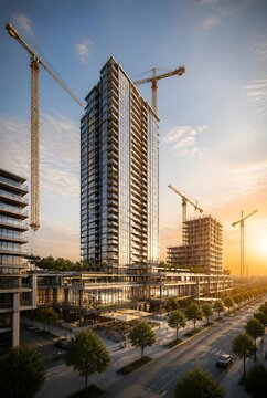 Modern Skyscraper Construction with Cranes at Sunset