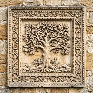 stone decorative plaque featuring a relief carving of a tree with decorative border