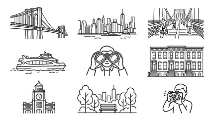 Fototapeta premium brooklyn bridge vector icon set line art illustration of american metropolis cityscape downtown skyline ferry boat park camera tourism travel destination graphic design element