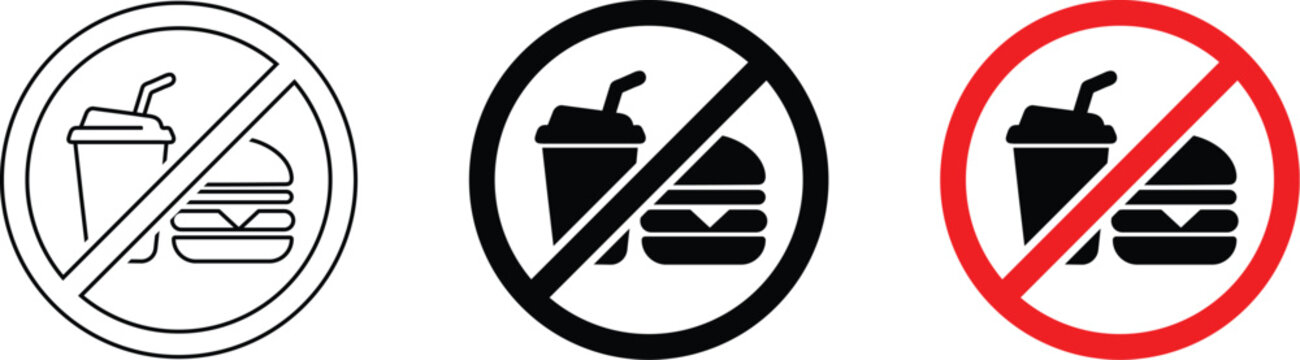 No food and drinks allowed sign icons set with hamburger and soda cup symbols