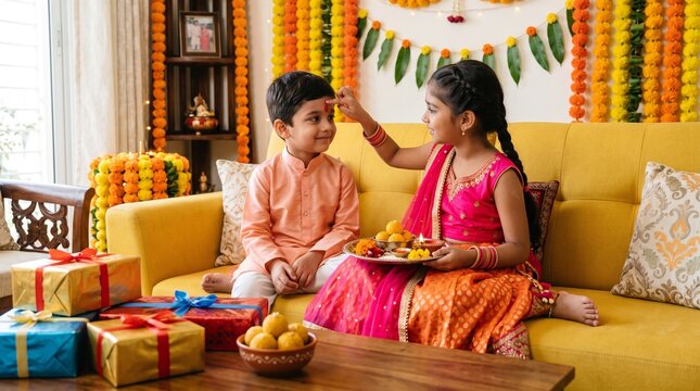 Young indian siblings celebrating a festival, sister applying tilak to brother