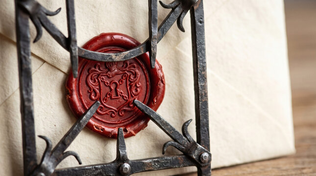 Red wax seal on an envelope behind a forged iron cage