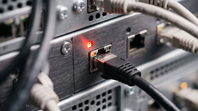 Ethernet cable connected to server with red security lock icon