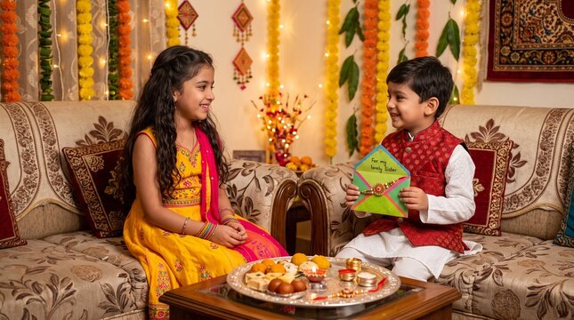 Indian brother holding a gift envelope for his sister on raksha bandhan