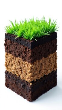 Cross-section view of soil layers, showing grass, roots, and stones ,  environment,  bedrock,  nature