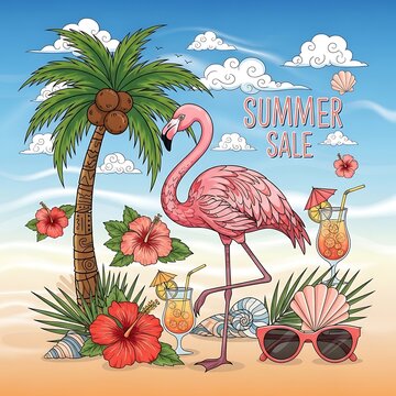 Tropical flamingo with hibiscus flowers and summer accessories