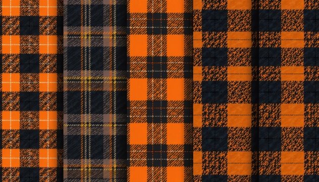 Halloween tartan & buffalo check plaid seamless vector patterns Orange, black, gray & white flannel textures , fall, gray, black