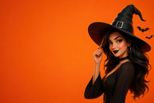 Modern witch with space for text on a vibrant orange background, elegant Halloween character with magic cauldron, carved pumpkin and bats, festive seasonal banner for Halloween promotions.