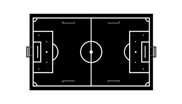 White line drawing of a soccer field on a dark background
