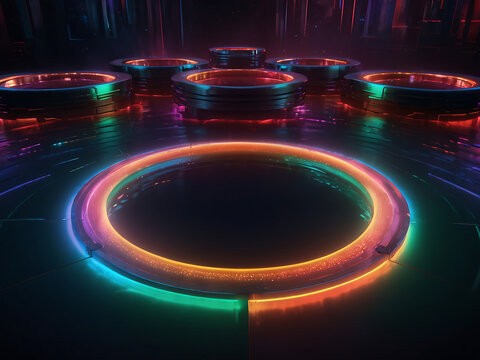 Circular LED dance floor with concentric rainbow light rings, colorful nightclub lighting, glossy reflective floor