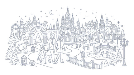 Naklejka premium Winter City Park Christmas Illustration