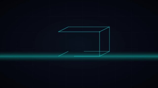 Neon blue wireframe cube rotating on dark background