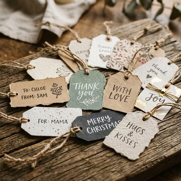 Collection of decorative gift tags with handwritten messages and floral designs on a rustic wooden background.