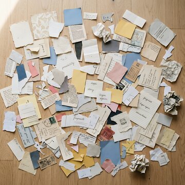 Collection of old paper scraps and notes scattered on a wooden surface.