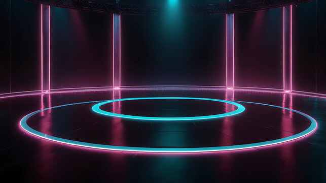 Circular stage dance floor surrounded by luminous LED rings