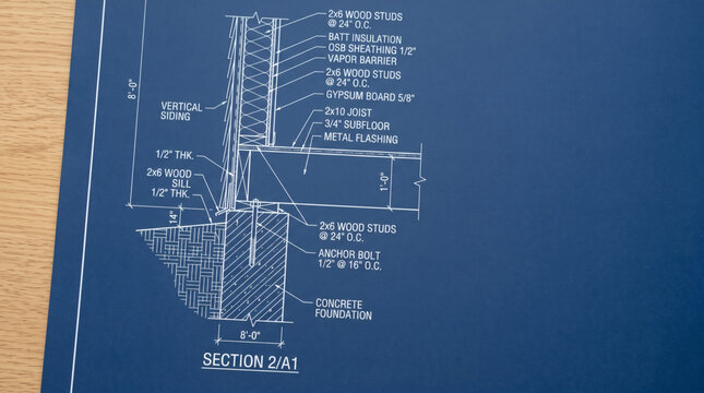 Architectural blueprint wall section detail on blue paper