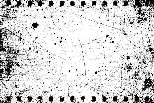Distressed old film frame with scratches, dust, and sprocket holes on a transparent background