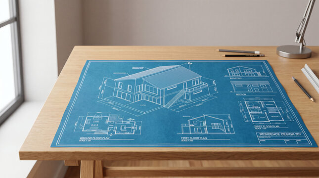 Modern house architectural blueprint on a wooden desk surface