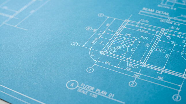 Detailed architectural blueprint floor plan on blue paper