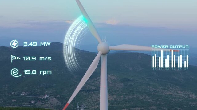 Wind turbine performance dashboard showing live telemetry statistics, rotor speed and renewable power generation data. 3D Graphic animation