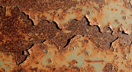 Naklejka premium Close up texture of heavily rusted and pitted metallic surface showing deep corrosion and flaking paint, useful for abstract backgrounds ,rust ,decay ,peeling