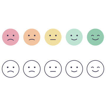 Mood rating scale set with five flat faces from sad to happy in filled and outline versions