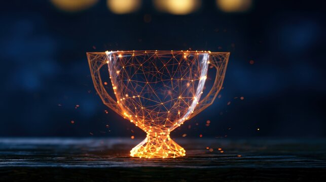 Glowing wireframe trophy cup on dark background. Futuristic 3D award design with neon highlights for digital success.