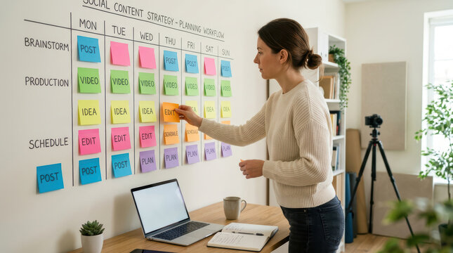 Woman moving colorful sticky notes on a social content strategy planning workflow board representing digital marketing organization, project management, and content scheduling.