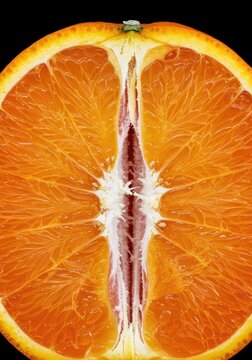 Detailed close up of a vibrant orange showing the thick layer of soft white pith separating the outer peel from the juicy internal segments ,juicy ,bright ,vitamin
