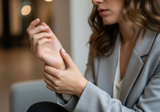 Closeup business woman holding her wrist pain from using computer. Office syndrome hand pain by occupational disease.