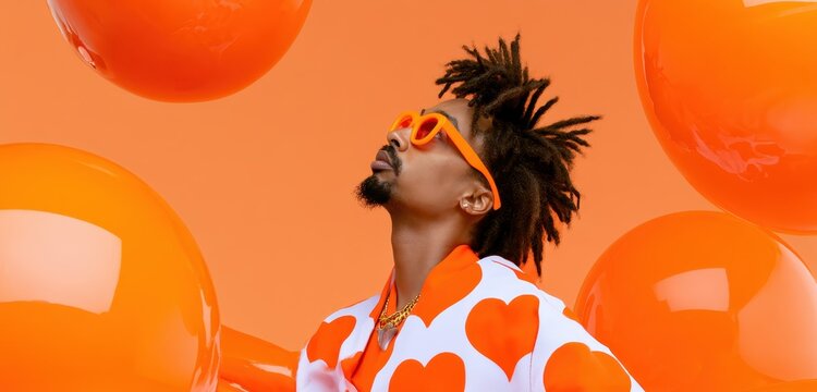 Stylish man with dreadlocks and orange glasses. Trendy male model posing with balloons.