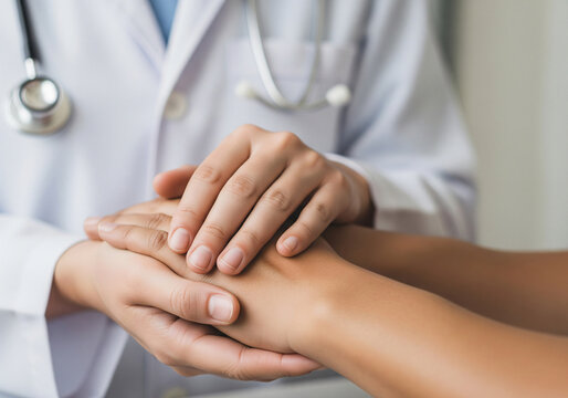 Friendly male doctor's hands holding female patient's hand.