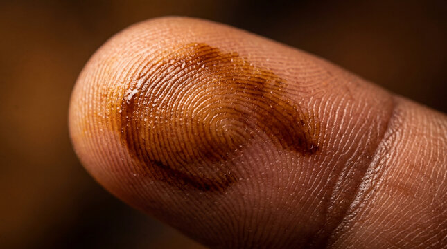 Macro close-up of a human fingerprint covered in brown ink on a finger