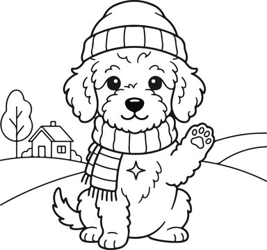 Cute puppy wearing a winter hat and scarf waving paw in a snowy landscape with a house