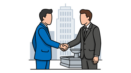 Fototapeta premium Two businessmen shaking hands in front of city office buildings
